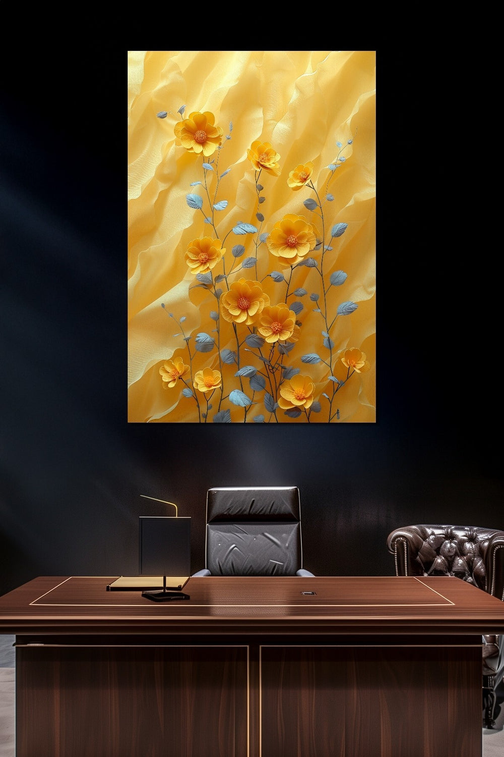 Sarı Çiçek Baskılı Cam Tablo – Modern Floral Desenli Dekoratif Duvar Tablosu