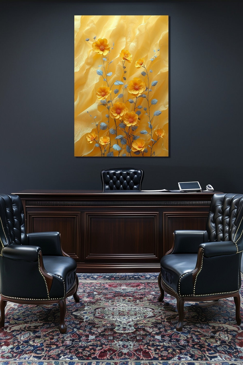 Sarı Çiçek Baskılı Cam Tablo – Modern Floral Desenli Dekoratif Duvar Tablosu