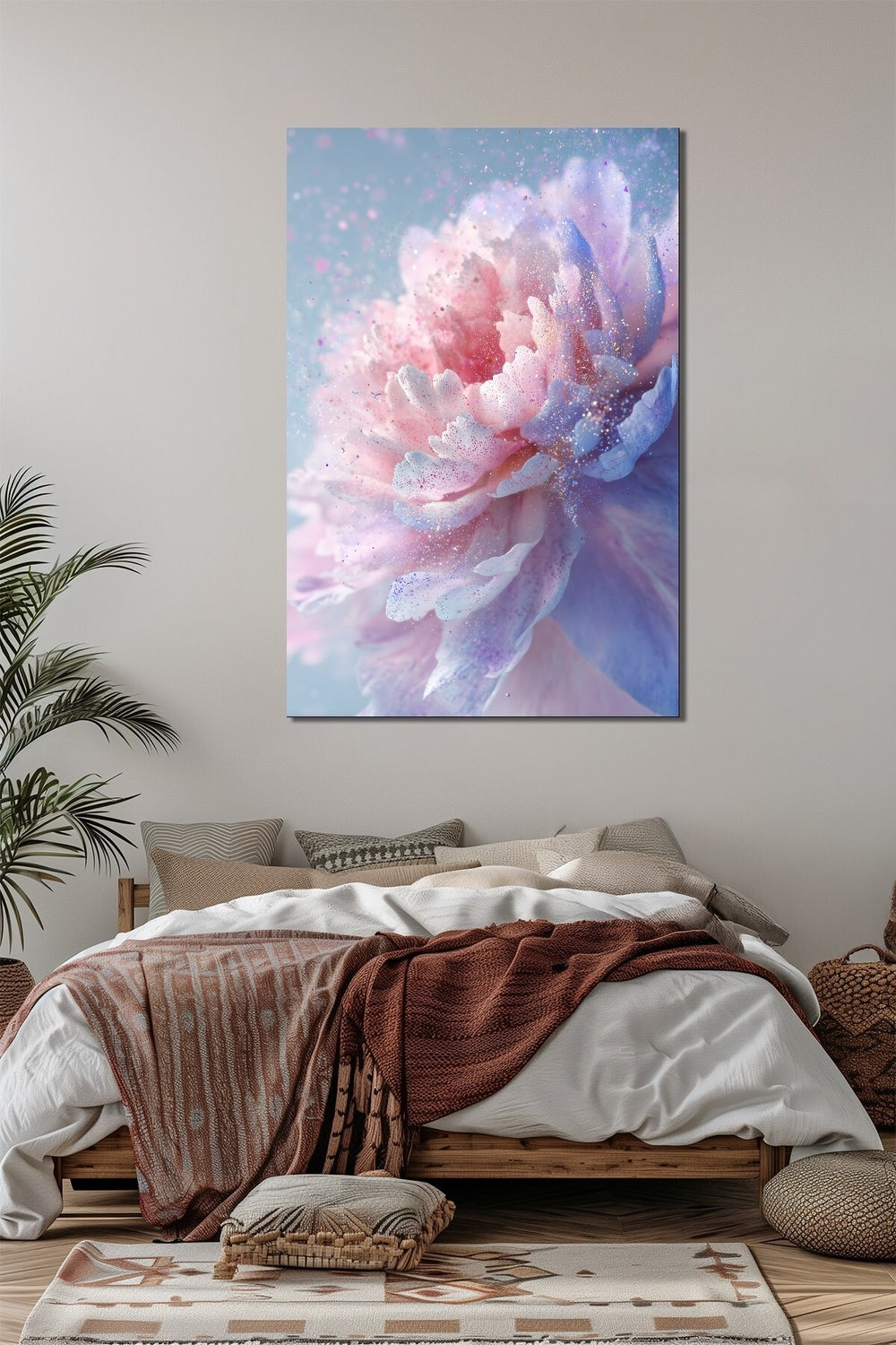 Şakayık Çiçeği Baskılı Cam Tablo – Pastel Tonlu Zarif Floral Duvar Dekoru