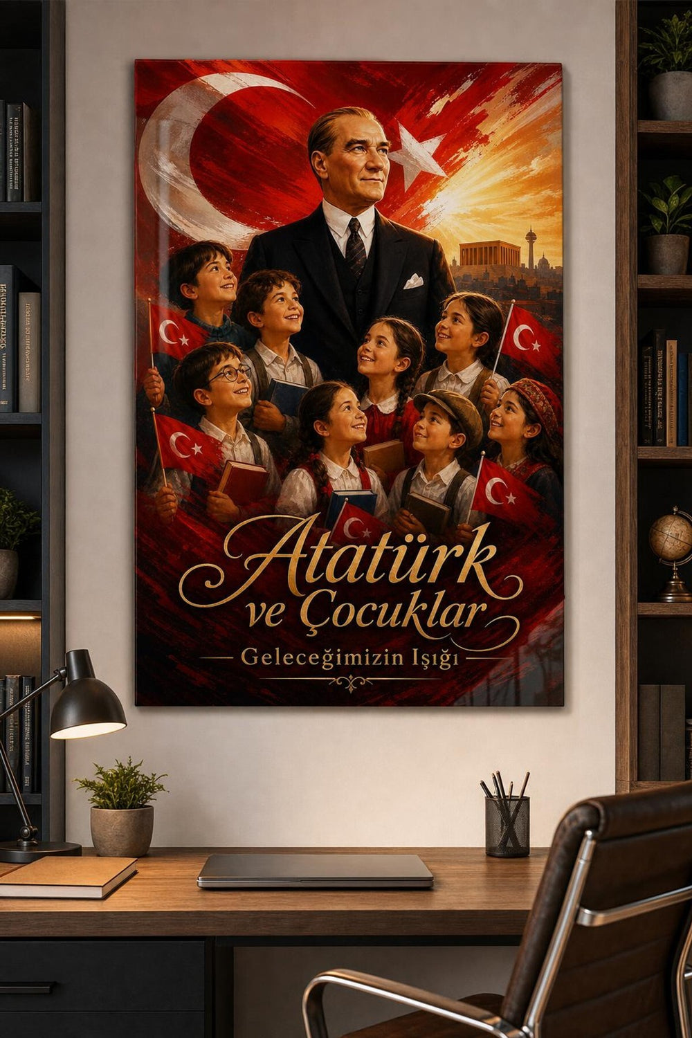 Atatürk ve Çocuklar Baskılı Cam Tablo – Türk Bayrağı UV Baskı Duvar Dekoru