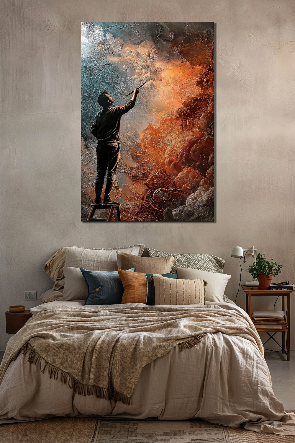 Soyut Ressam Baskılı Cam Tablo – Sanatsal Fırça Dokulu Modern Duvar Dekoru