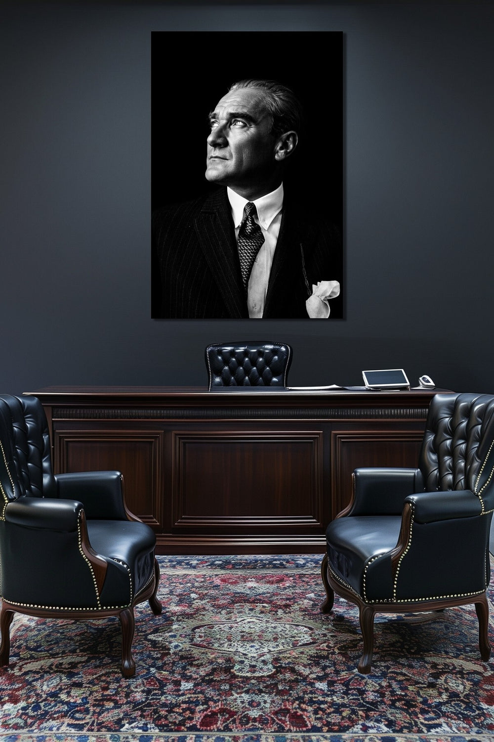 Atatürk Siyah Beyaz Portre Cam Tablo – Klasik Şık UV Baskı Duvar Dekoru