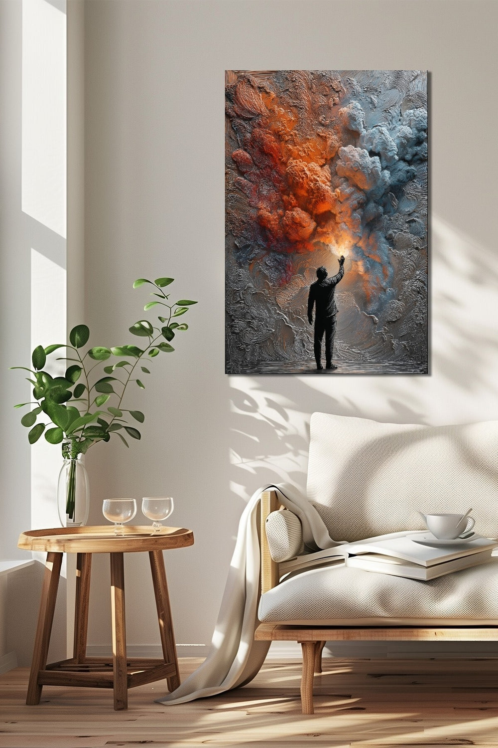Soyut Işık ve İnsan Silüeti Baskılı Cam Tablo – Modern Sanat UV Baskı Dekoratif Duvar Tablosu