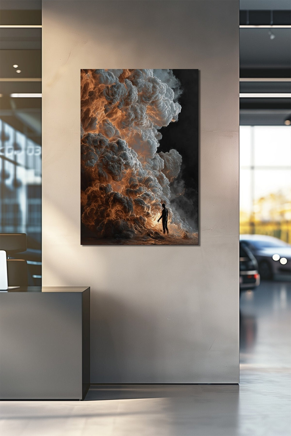 Bulut Fırtınası İnsan Silüeti Baskılı Cam Tablo – Dramatic Modern Sanat UV Baskı