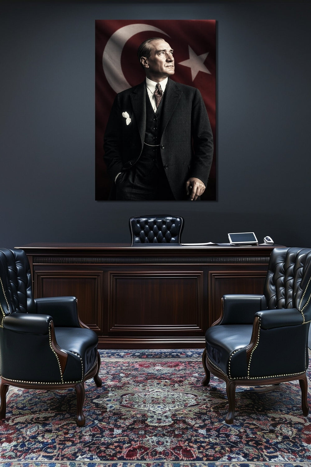 Atatürk Portre Baskılı Cam Tablo – Türk Bayraklı Prestij Serisi UV Baskı Duvar Dekoru
