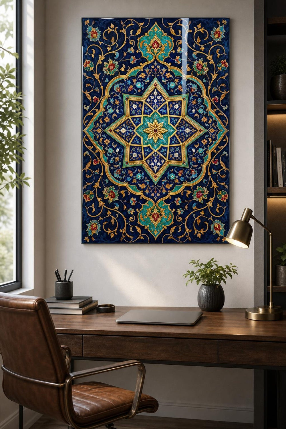 Osmanlı Çini Desenli Baskılı Cam Tablo – Gold Detaylı Dekoratif Duvar Tablosu