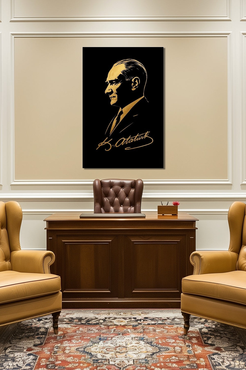 Atatürk Silüet Baskılı Cam Tablo – Gold Detaylı Modern Tasarım