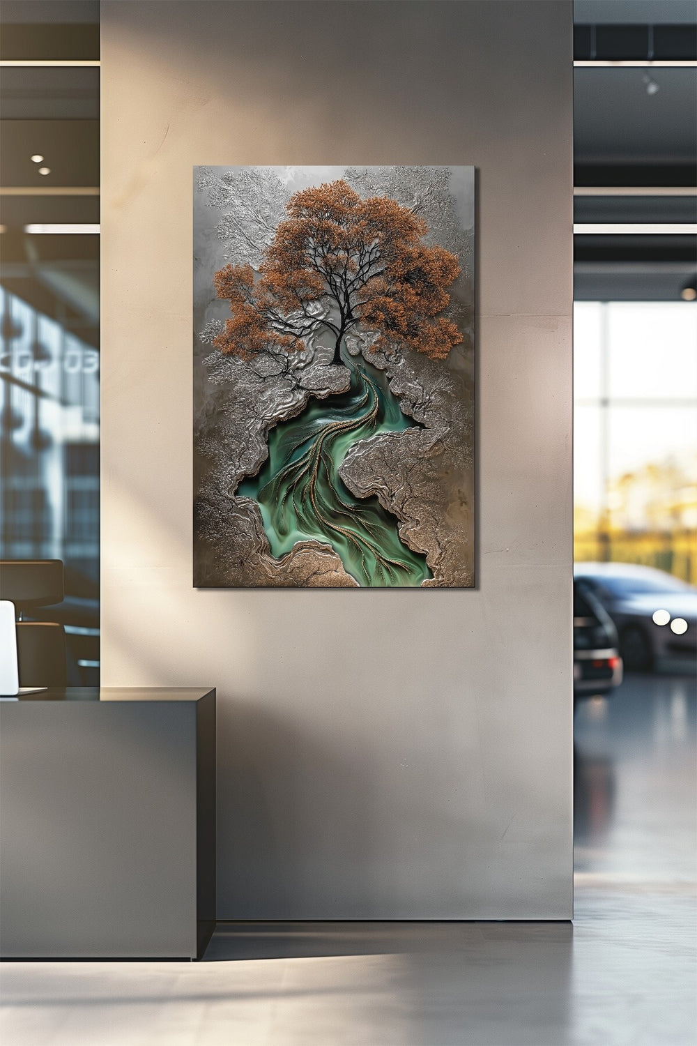 Hayat Ağacı Nehir Temalı Baskılı Cam Tablo – Modern Sanat UV Baskı Dekoratif Tablo