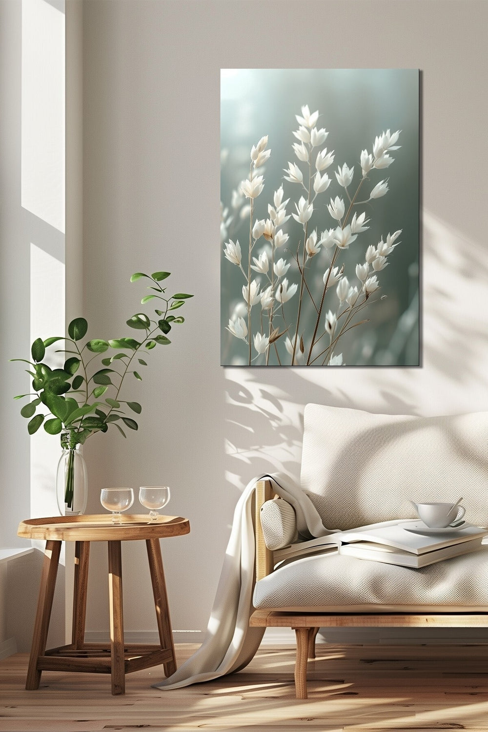 Beyaz Çiçek Cam Tablo Minimalist Pastel Yeşil UV Baskılı Temperli Boho Nordic Yatak Odası Salon Deko