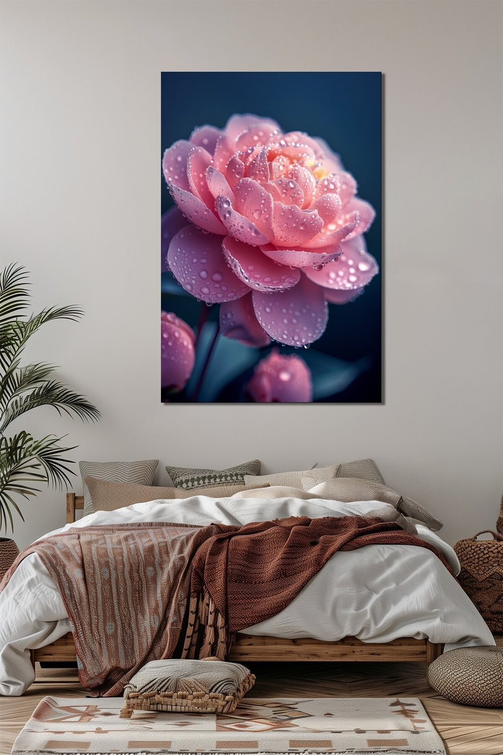 Pembe Gül Baskılı Cam Tablo – Su Damlalı Çiçek Desenli Dekoratif Duvar Tablosu
