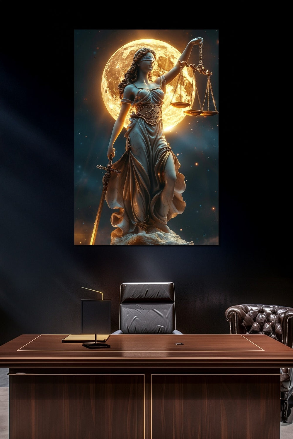 Adalet Heykeli Baskılı Cam Tablo – Ay Işığı Temalı Lady Justice Dekoratif Tablo