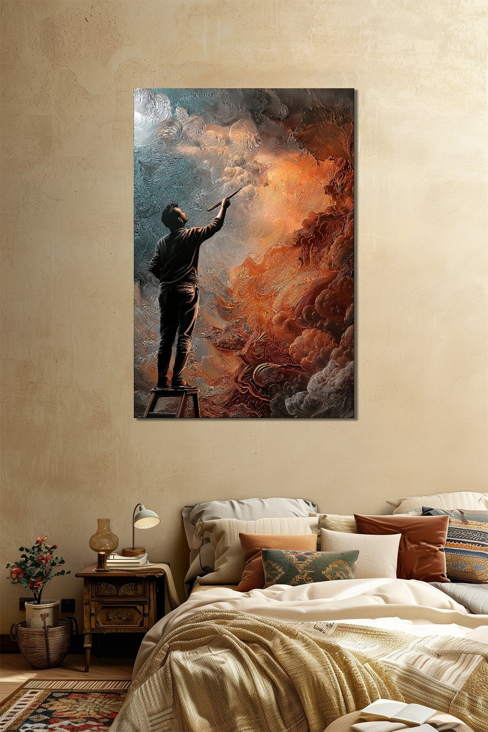 Soyut Ressam Baskılı Cam Tablo – Sanatsal Fırça Dokulu Modern Duvar Dekoru