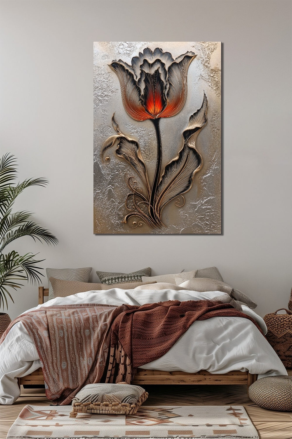 Lale Çiçeği Baskılı Cam Tablo – Kabartma Efektli Modern Floral Duvar Dekoru