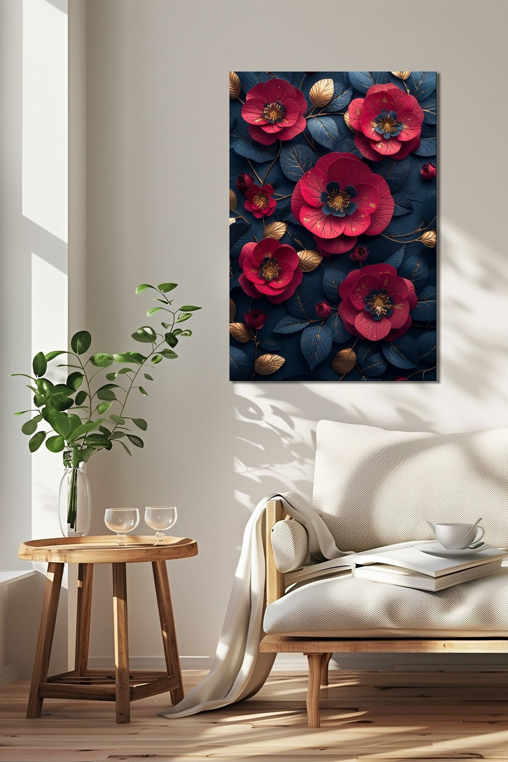 Çiçek Baskılı Cam Tablo – Kırmızı ve Lacivert 3D Floral Dekoratif Duvar Tablosu