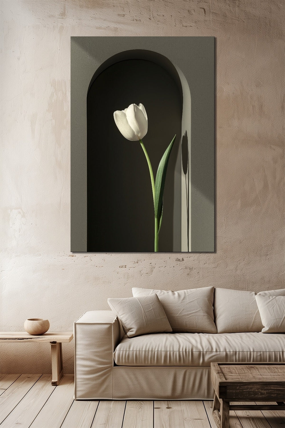 Lale Çiçeği Baskılı Cam Tablo – Niş İçinde Beyaz Lale Minimalist Duvar Dekoru