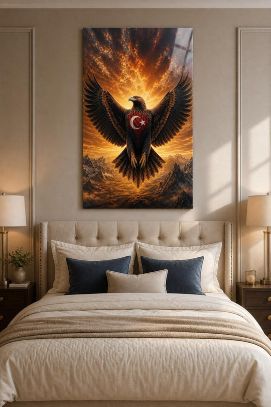 Türk Bayraklı Kartal Baskılı Cam Tablo – UV Baskı Dekoratif Duvar Tablosu