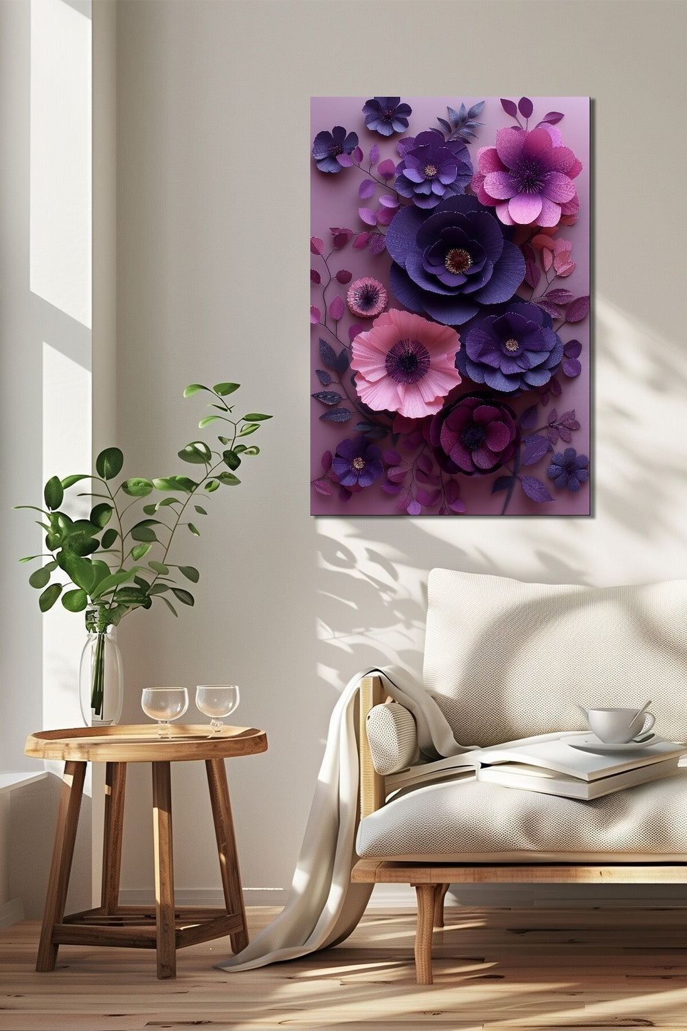 Çiçek Baskılı Cam Tablo – Mor ve Pembe 3D Floral Dekoratif Duvar Tablosu