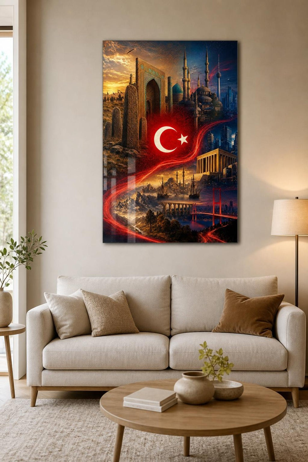Türkiye Temalı Baskılı Cam Tablo – Türk Bayrağı ve Tarihi Mimari Duvar Dekoru