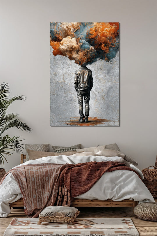 Soyut Duman Başlı Adam Baskılı Cam Tablo – Turuncu Mavi Modern Sanat Duvar Dekoru