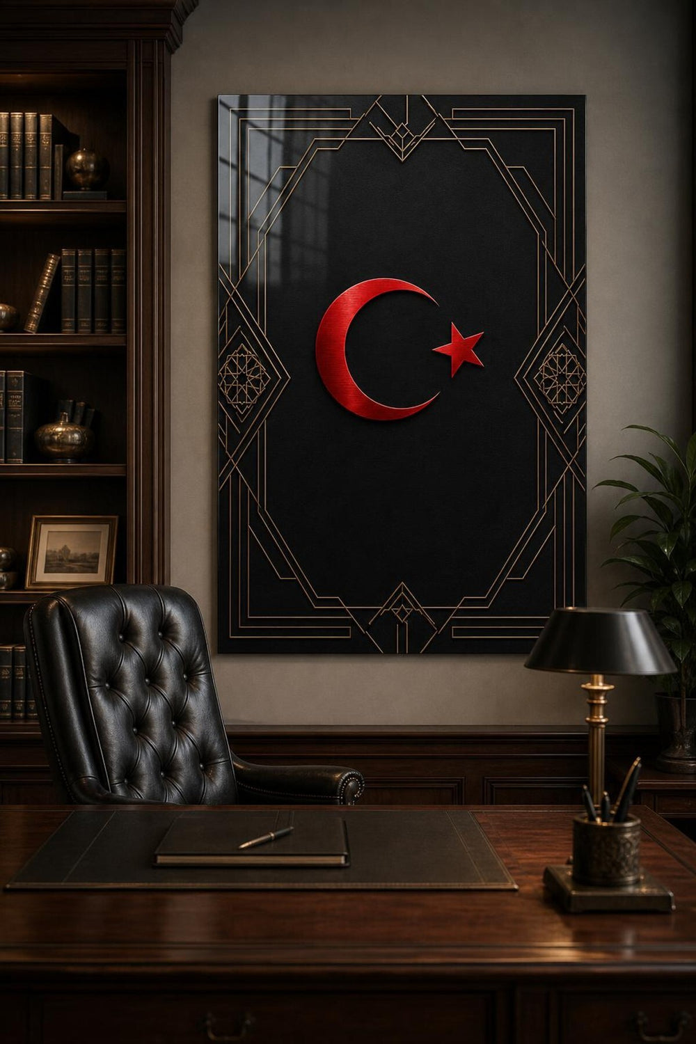 Türk Bayrağı Desenli Baskılı Cam Tablo – Siyah Gold Modern Duvar Dekoru — görsel 4