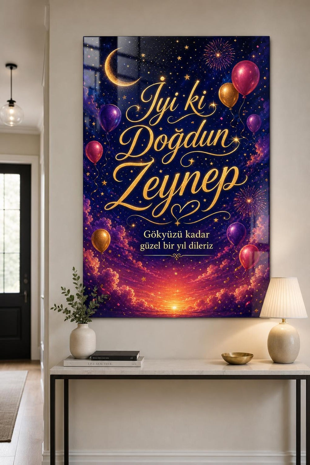 İyi ki Doğdun Yazılı Baskılı Cam Tablo – Yıldızlı Balonlu Dekoratif Duvar Tablosu