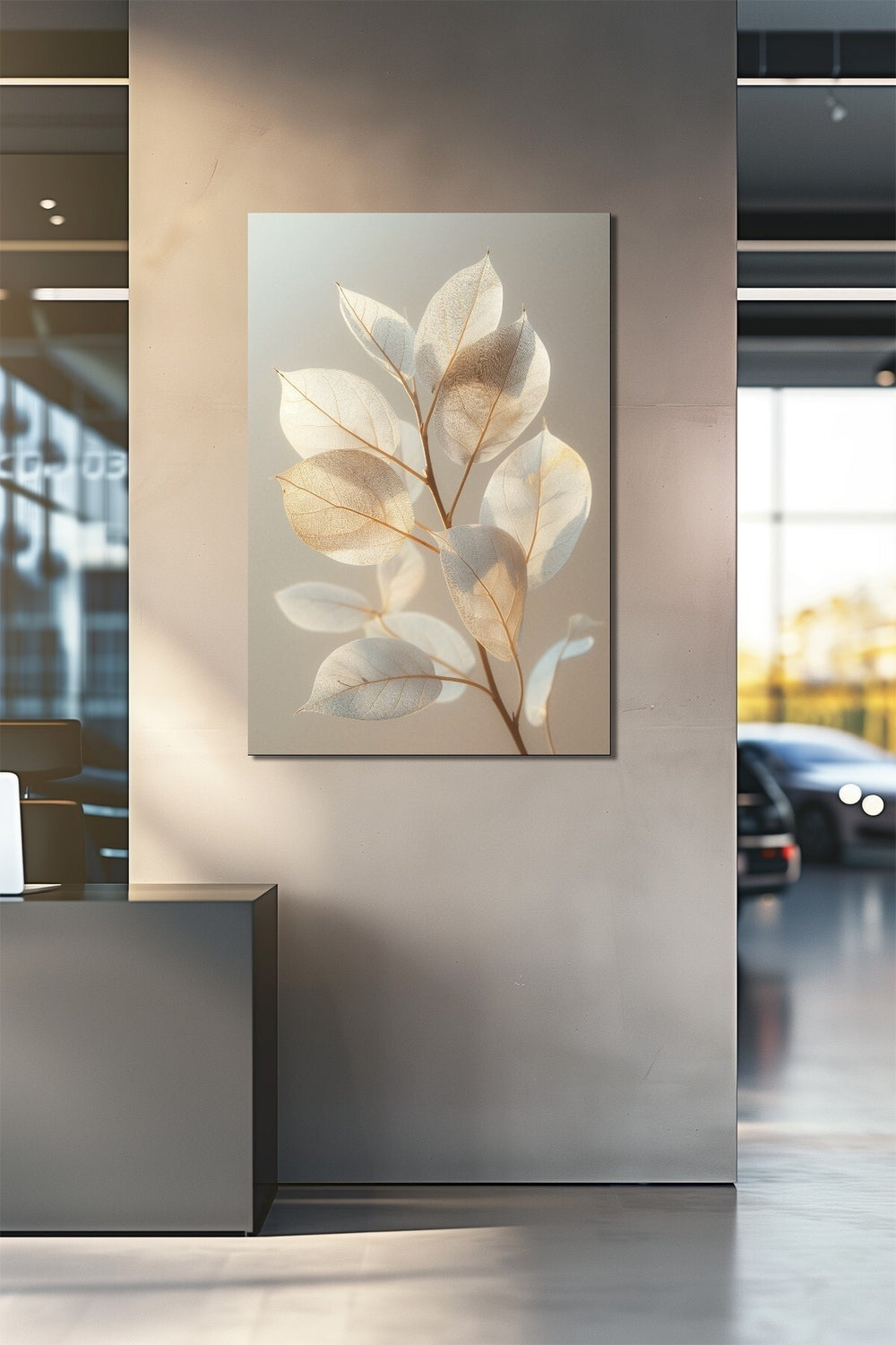 Minimalist Yaprak Baskılı Cam Tablo – Modern Doğa Temalı UV Baskı Duvar Dekoru