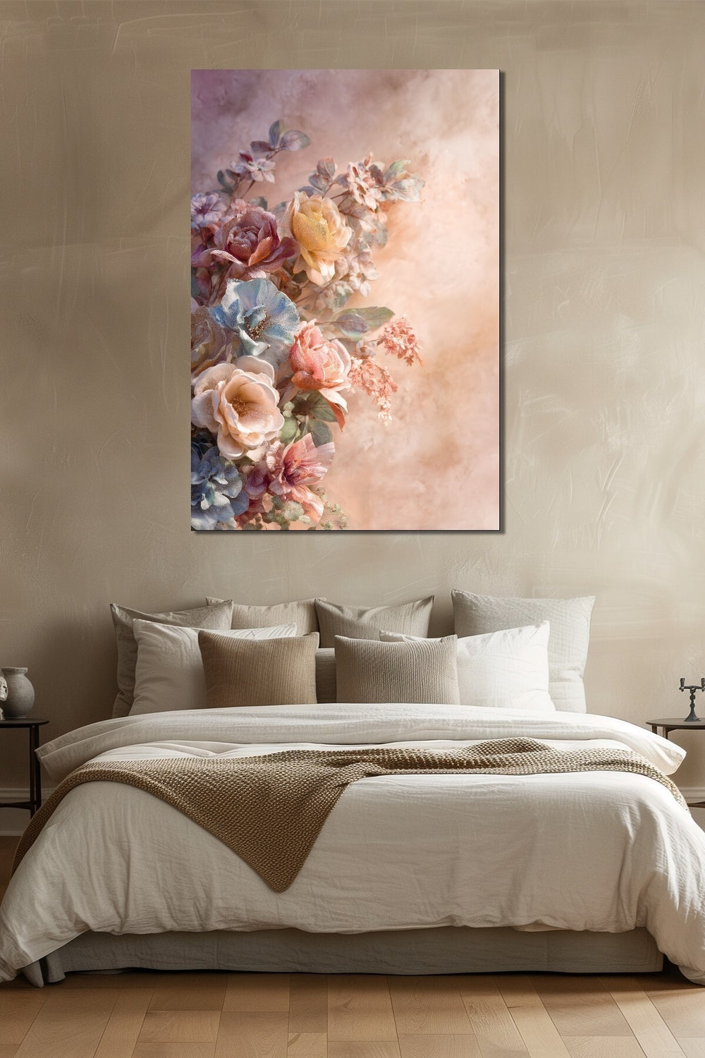 Çiçek Buketi Baskılı Cam Tablo – Pastel Tonlu Floral Duvar Dekoru