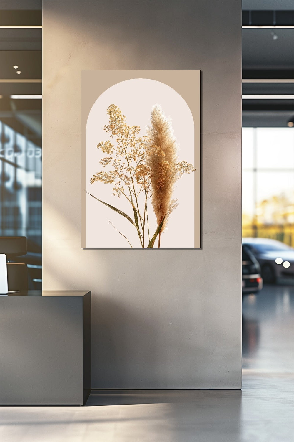 Pampas Otu Baskılı Cam Tablo – Bej Tonlu Minimalist Bitki Duvar Dekoru