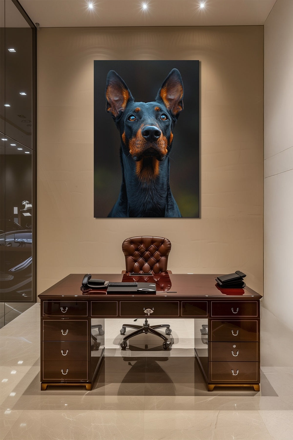 Doberman Köpek Baskılı Cam Tablo – Modern ve Karizmatik Hayvan Temalı Duvar Dekoru