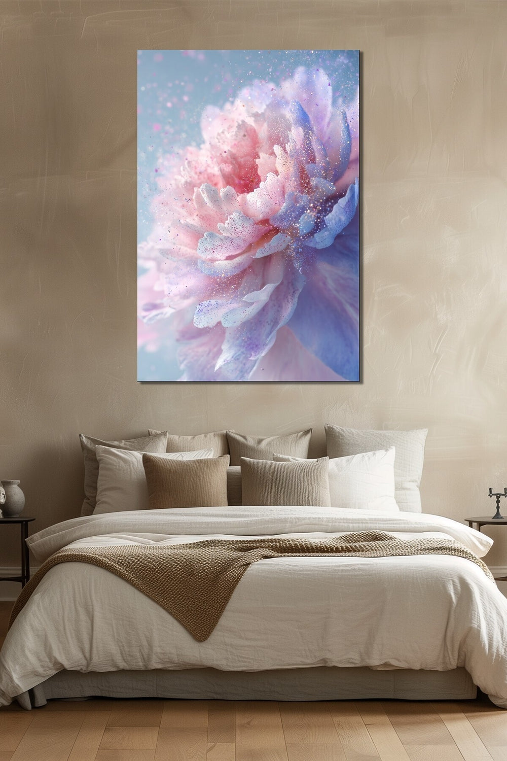 Şakayık Çiçeği Baskılı Cam Tablo – Pastel Tonlu Zarif Floral Duvar Dekoru