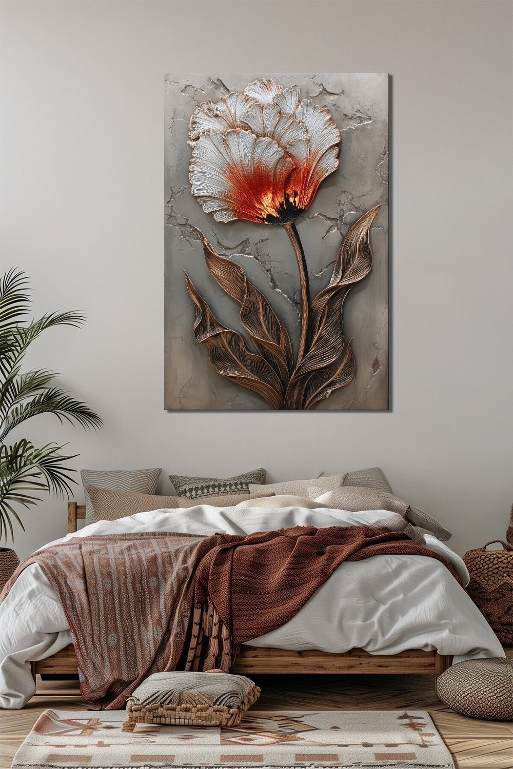 Lale Çiçeği Baskılı Cam Tablo – Modern Kabartma Efektli Floral Duvar Dekoru