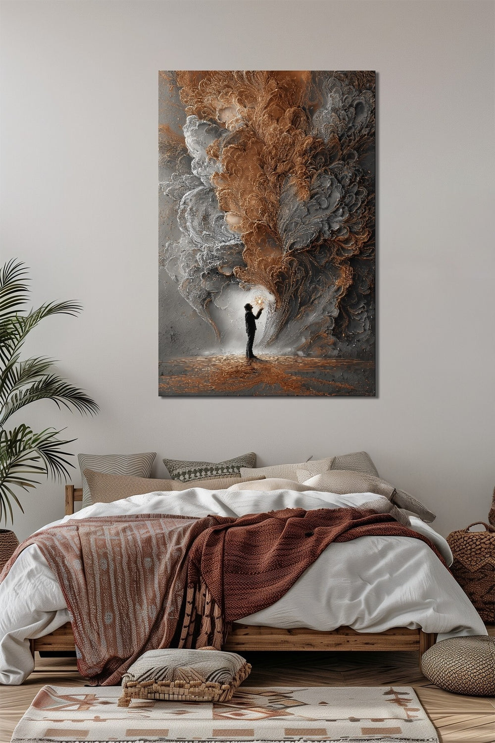 Soyut Bulut ve İnsan Silüeti Baskılı Cam Tablo – Modern Sanat UV Baskı Dekoratif Duvar Tablosu