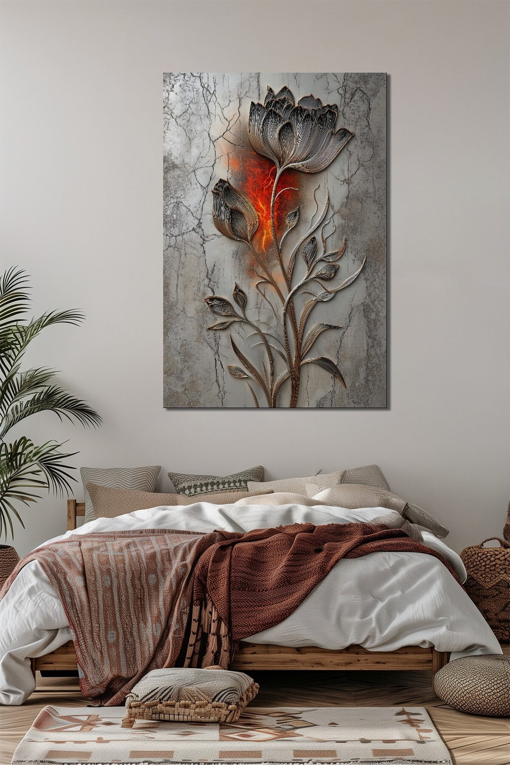 Lale Çiçeği Baskılı Cam Tablo – Mermer Zeminli Modern Floral Duvar Dekoru