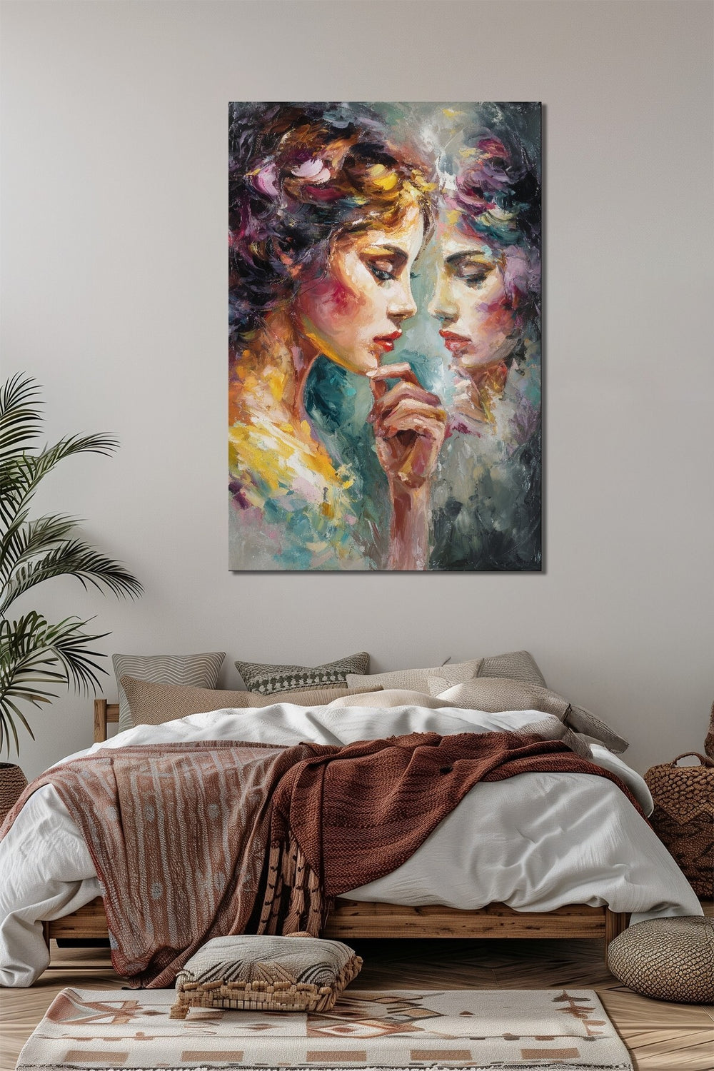 Soyut Kadın Yüzleri Yansıma Etkili Baskılı Cam Tablo – Modern Sanatsal Duvar Dekoru