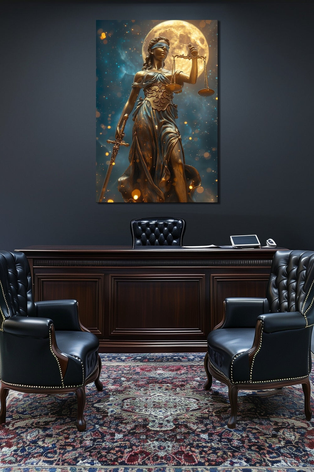 Adalet Heykeli Baskılı Cam Tablo – Lady Justice Temalı Dekoratif Duvar Tablosu