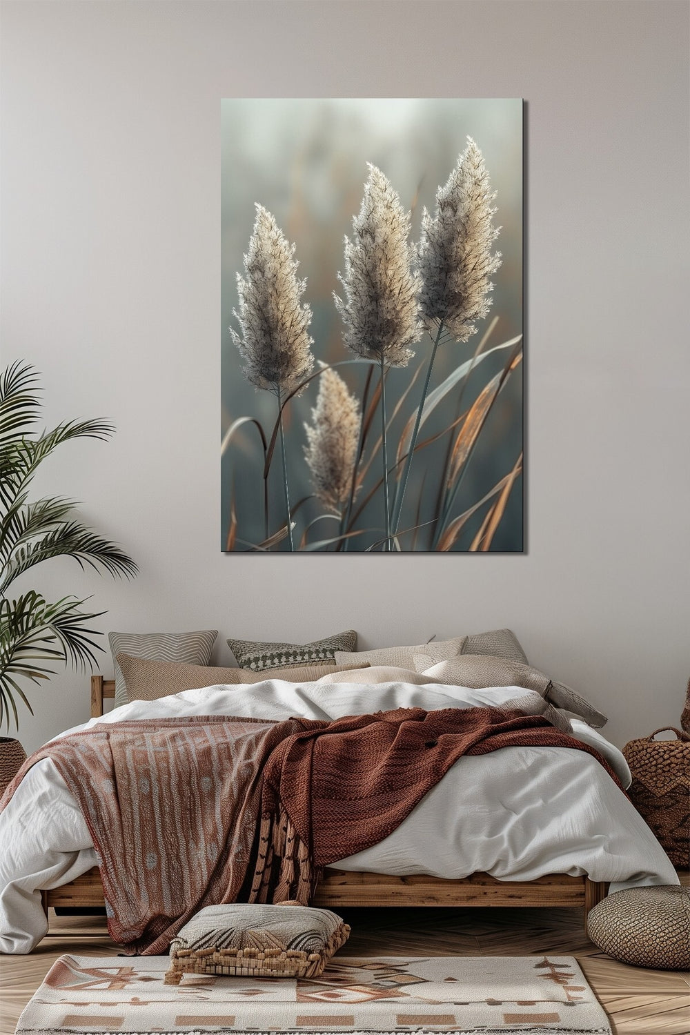 Pampas Otu Baskılı Cam Tablo – Doğal Bohem Stil UV Baskı Modern Duvar Dekoru