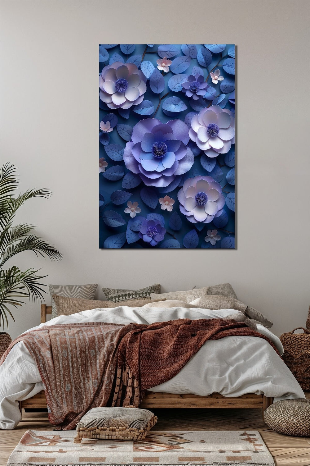 Çiçek Baskılı Cam Tablo – Mavi Mor Tonlu 3D Floral Dekoratif Duvar Tablosu