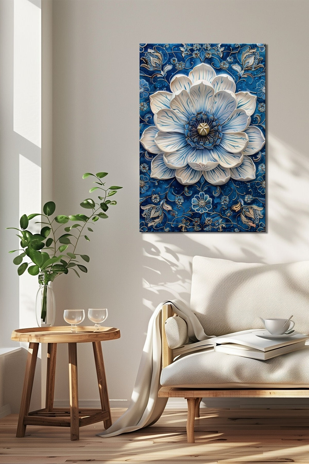 Mavi Çiçek Baskılı Cam Tablo – Etnik Desenli Dekoratif Lotus Duvar Tablosu