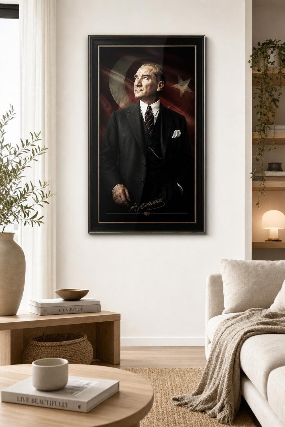 Atatürk İmzalı Çerçeveli Portre Baskılı Cam Tablo – UV Baskı Dekoratif Duvar Tablosu