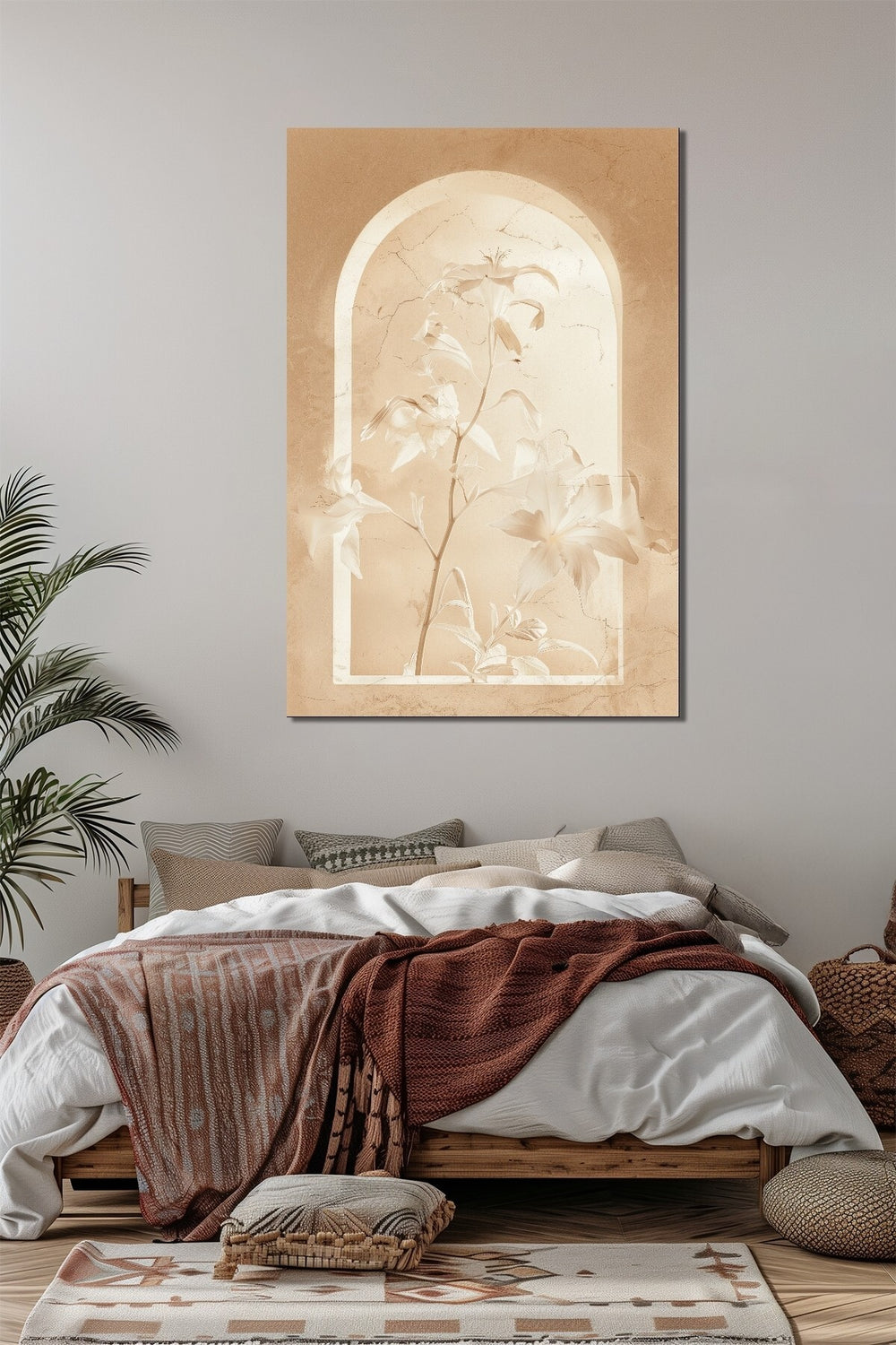 Lilyum Çiçeği Baskılı Cam Tablo – Bej Tonlu Minimalist Niş Tasarım Duvar Dekoru