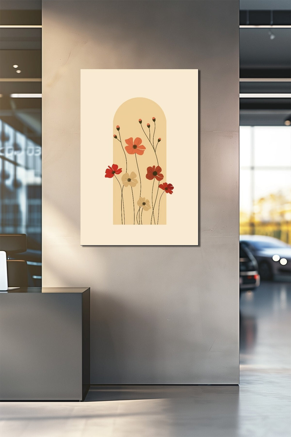 Minimalist Çiçek Baskılı Cam Tablo – Bohem Modern UV Baskı Duvar Dekoru