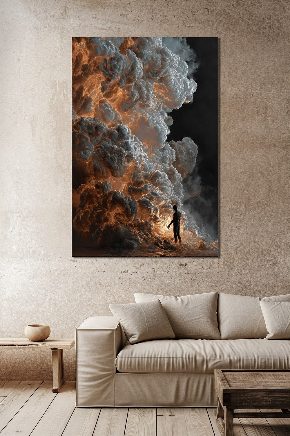 Bulut Fırtınası İnsan Silüeti Baskılı Cam Tablo – Dramatic Modern Sanat UV Baskı