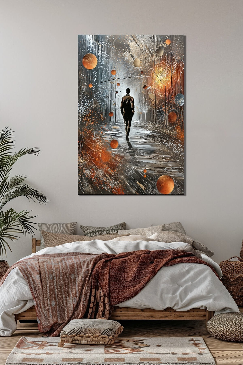 Soyut Yürüyen Adam Baskılı Cam Tablo – Modern Sanatsal Dekoratif Duvar Tablosu