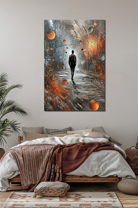 Soyut Yürüyen Adam Baskılı Cam Tablo – Modern Sanatsal Dekoratif Duvar Tablosu