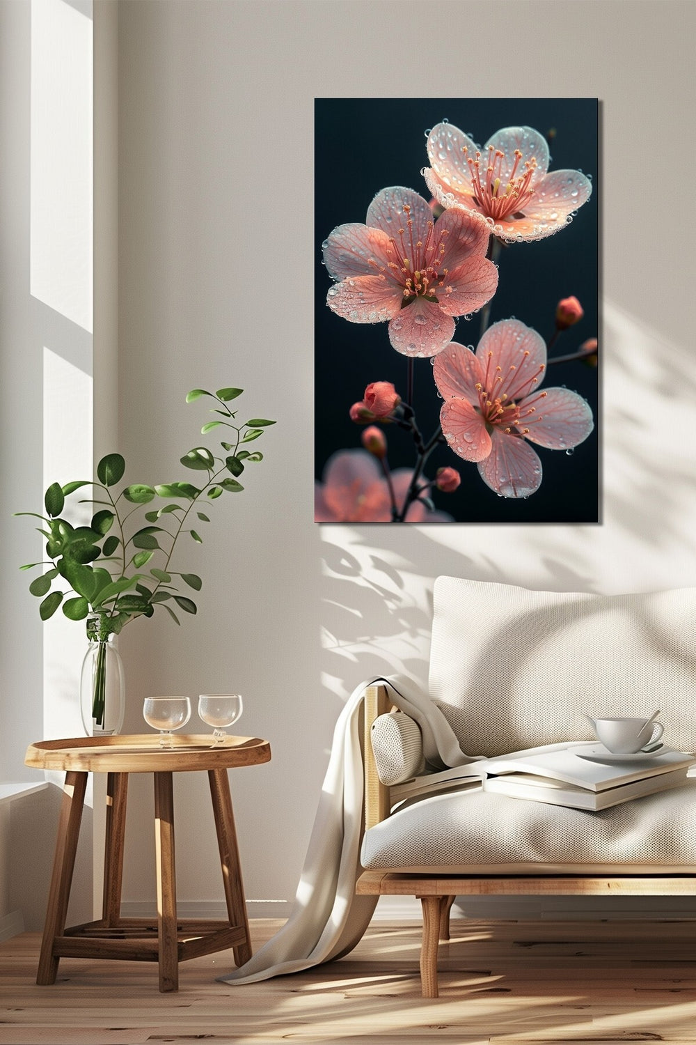 Çiçek Baskılı Cam Tablo – Pembe Sakura Çiçeği Dekoratif Duvar Tablosu