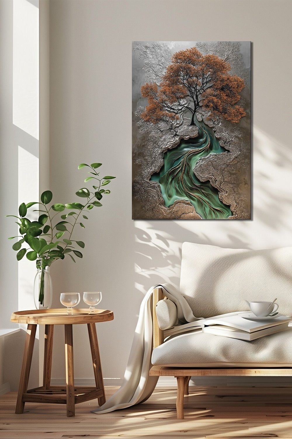 Hayat Ağacı Nehir Temalı Baskılı Cam Tablo – Modern Sanat UV Baskı Dekoratif Tablo