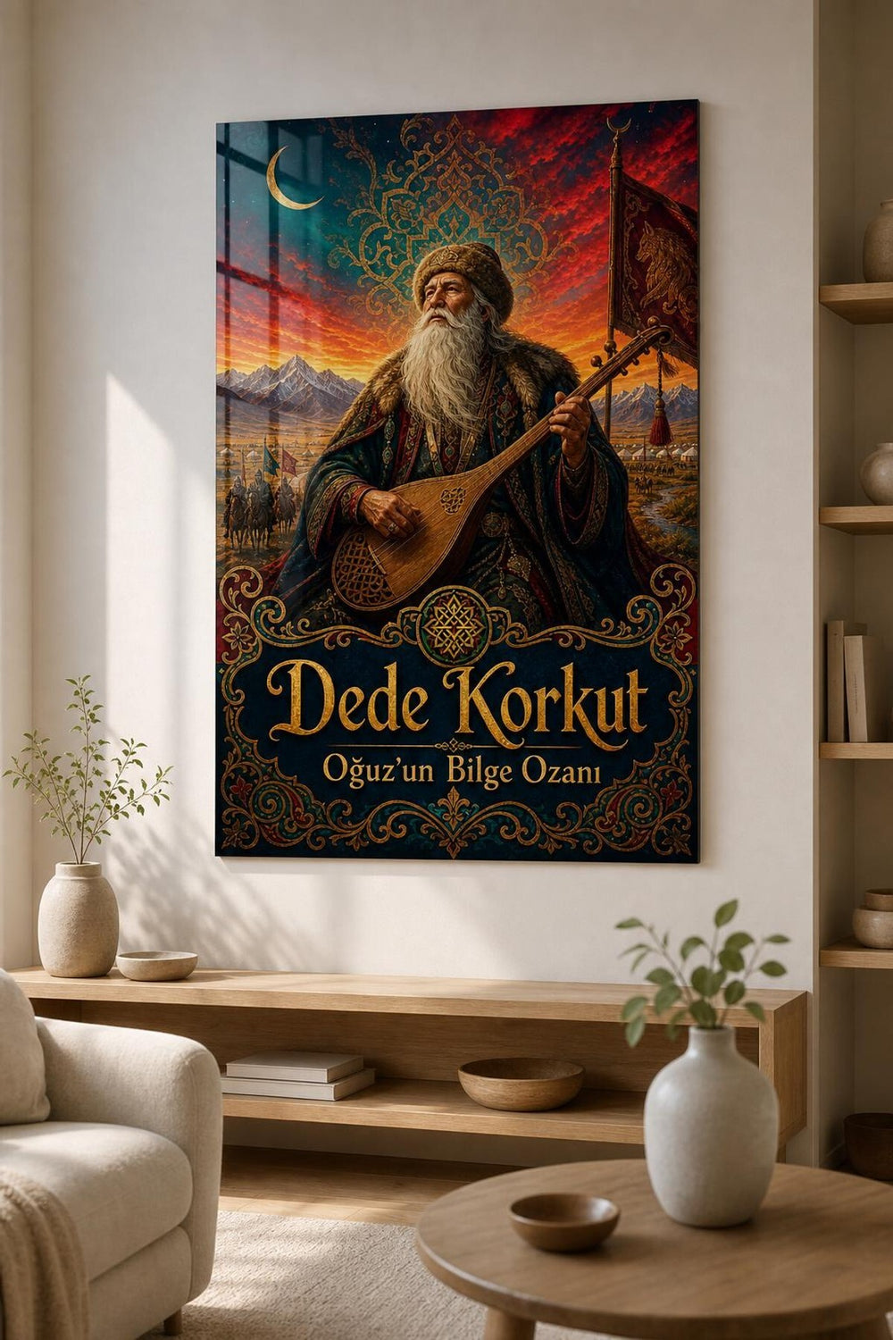 Dede Korkut Temalı Baskılı Cam Tablo – Türk Kültürü Dekoratif Duvar Tablosu