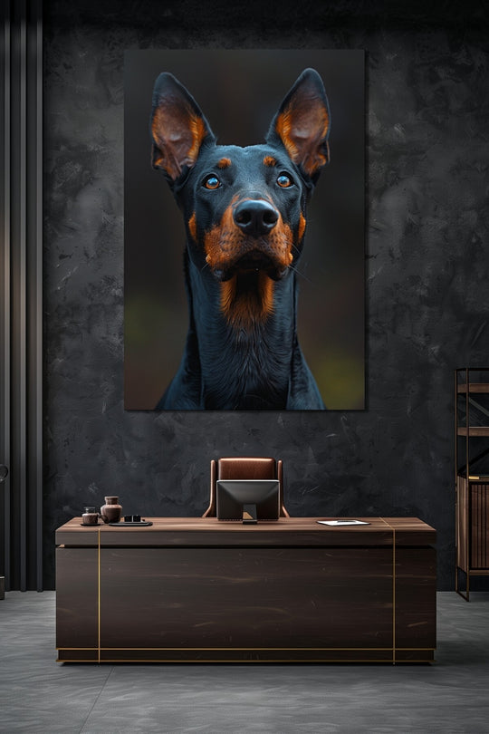 Doberman Köpek Baskılı Cam Tablo – Modern ve Karizmatik Hayvan Temalı Duvar Dekoru