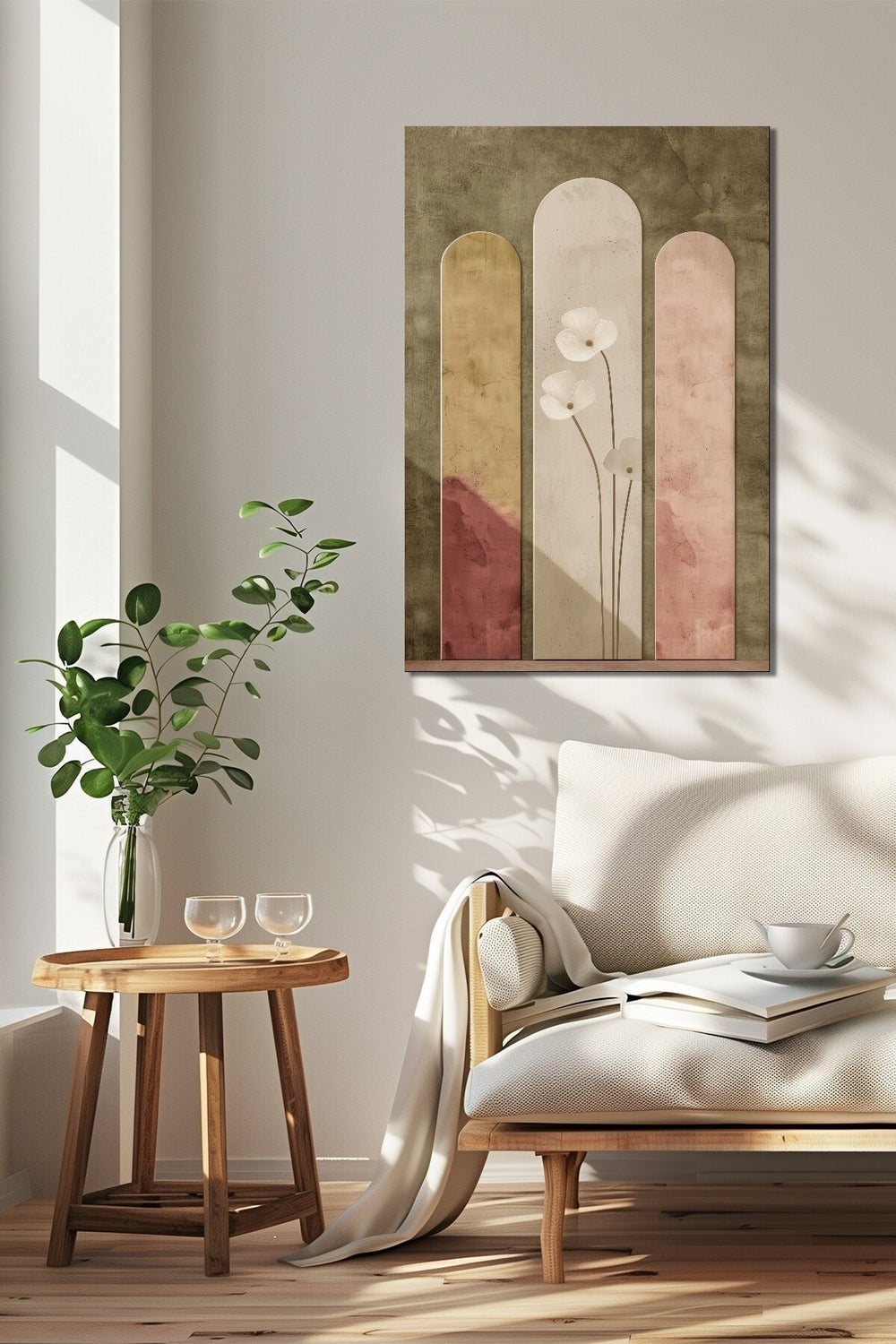 Minimalist Çiçek Baskılı Cam Tablo – Soyut Kemerli Desenli Dekoratif Duvar Tablosu
