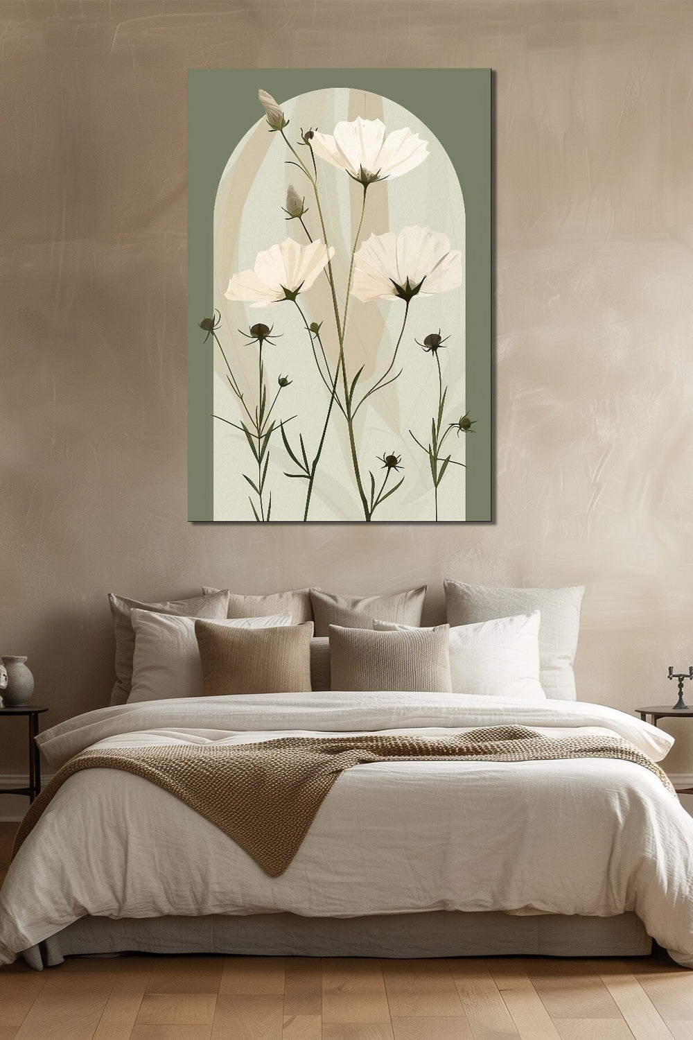 Minimalist Çiçek Baskılı Cam Tablo – Yeşil Zemin Beyaz Çiçek Desenli Modern Dekor